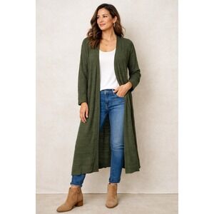 Chico's Green Open Front Duster Cardigan Women's M Textured Knit Longline Layer